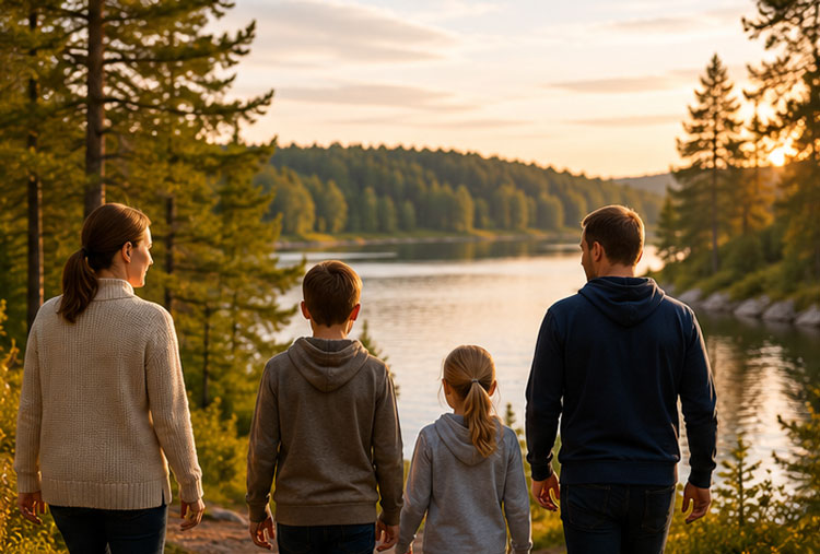 En familj vid en sjö i kvällssolen