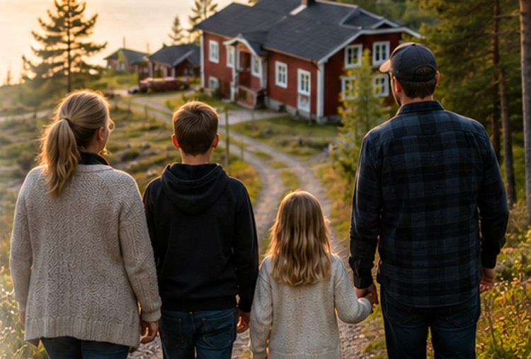 En familj går nedför en grusig väg