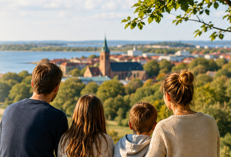Familj tittar ut mot en utsikt över Kristianstad