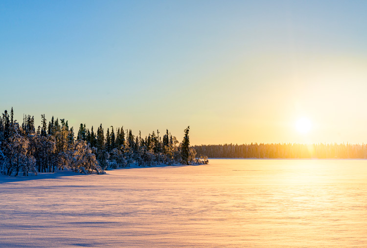 En storslagen vinterlandskap visar en frusen sjö omgiven av snötäckta tallar i Svenska Lappland, Norrbotten, Sverige.