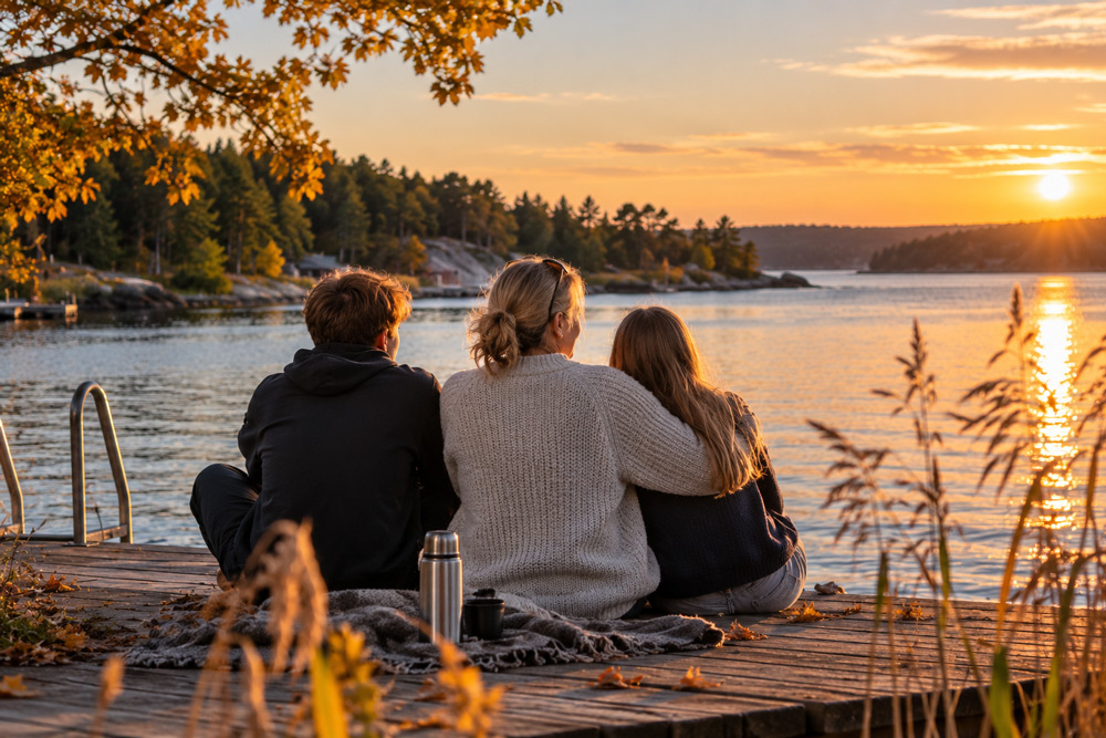 Mamma och två ungdomar på brygga i höstmiljö