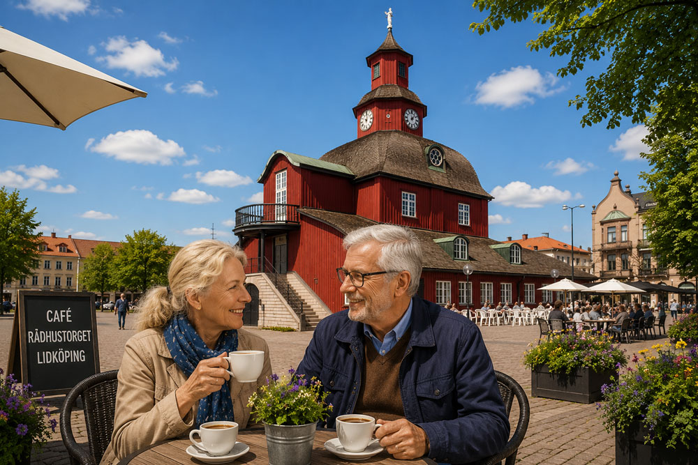 Två personer dricker kaffe på Rådhustorget